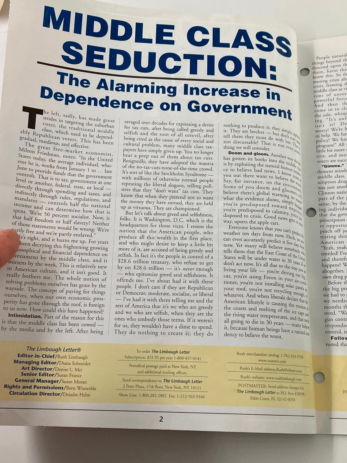 Inside page of the Rush Limbaugh Letter Newsletter Magazine, May 2001: Middle Class Seduction, featuring an article discussing the alarming increase in dependence on government.