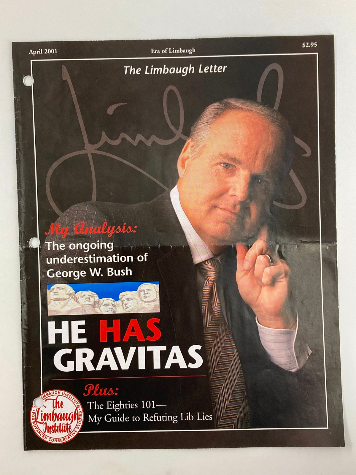 Cover of the Rush Limbaugh Letter Newsletter Magazine from April 2001, featuring the title "He Has Gravitas" and an image of Rush Limbaugh with analysis on George W. Bush.