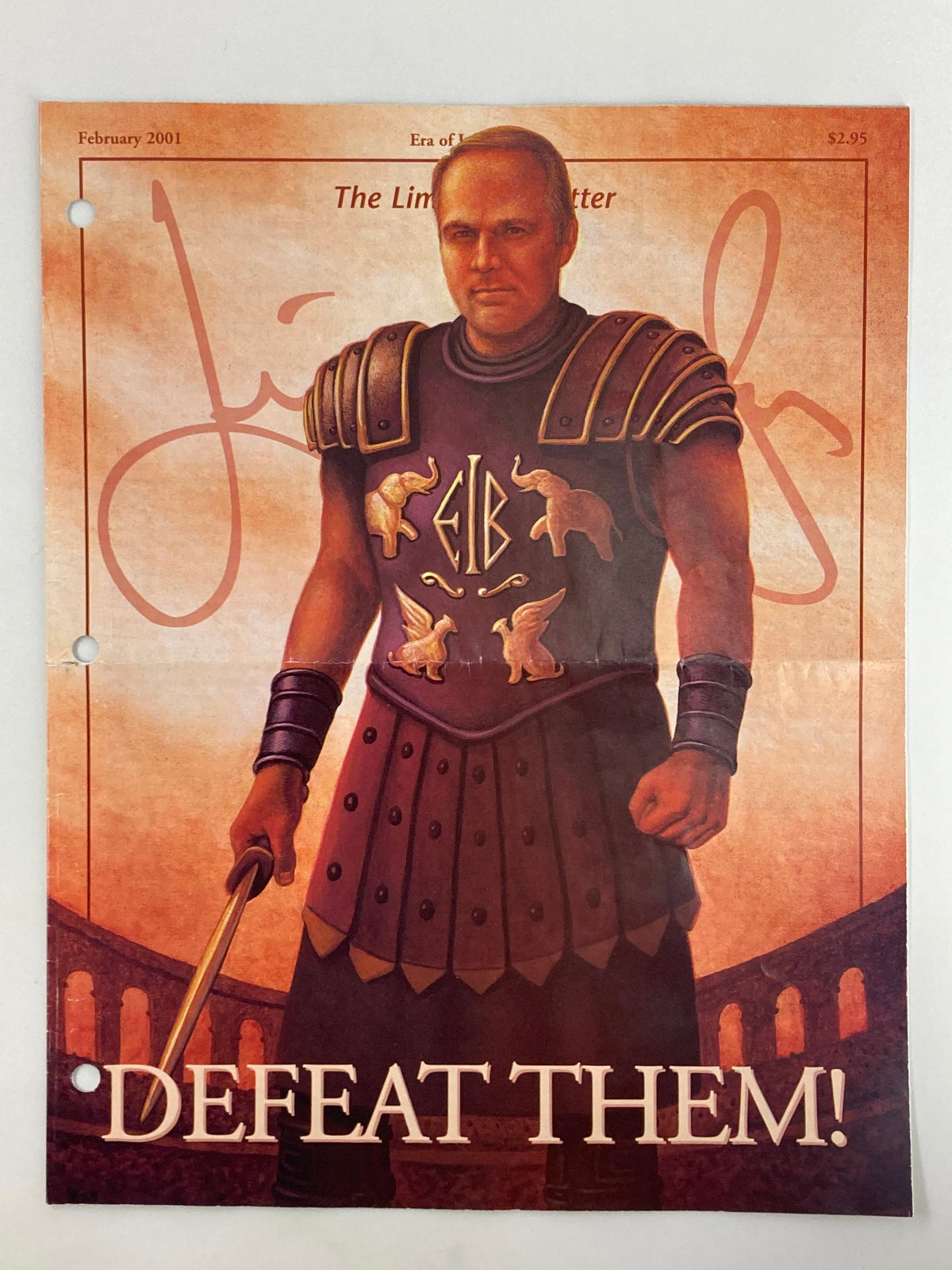Cover of Rush Limbaugh Letter Newsletter Magazine from February 2001, featuring an illustration of a Roman warrior with the caption 'DEFEAT THEM!' showcasing political commentary of the early 2000s.