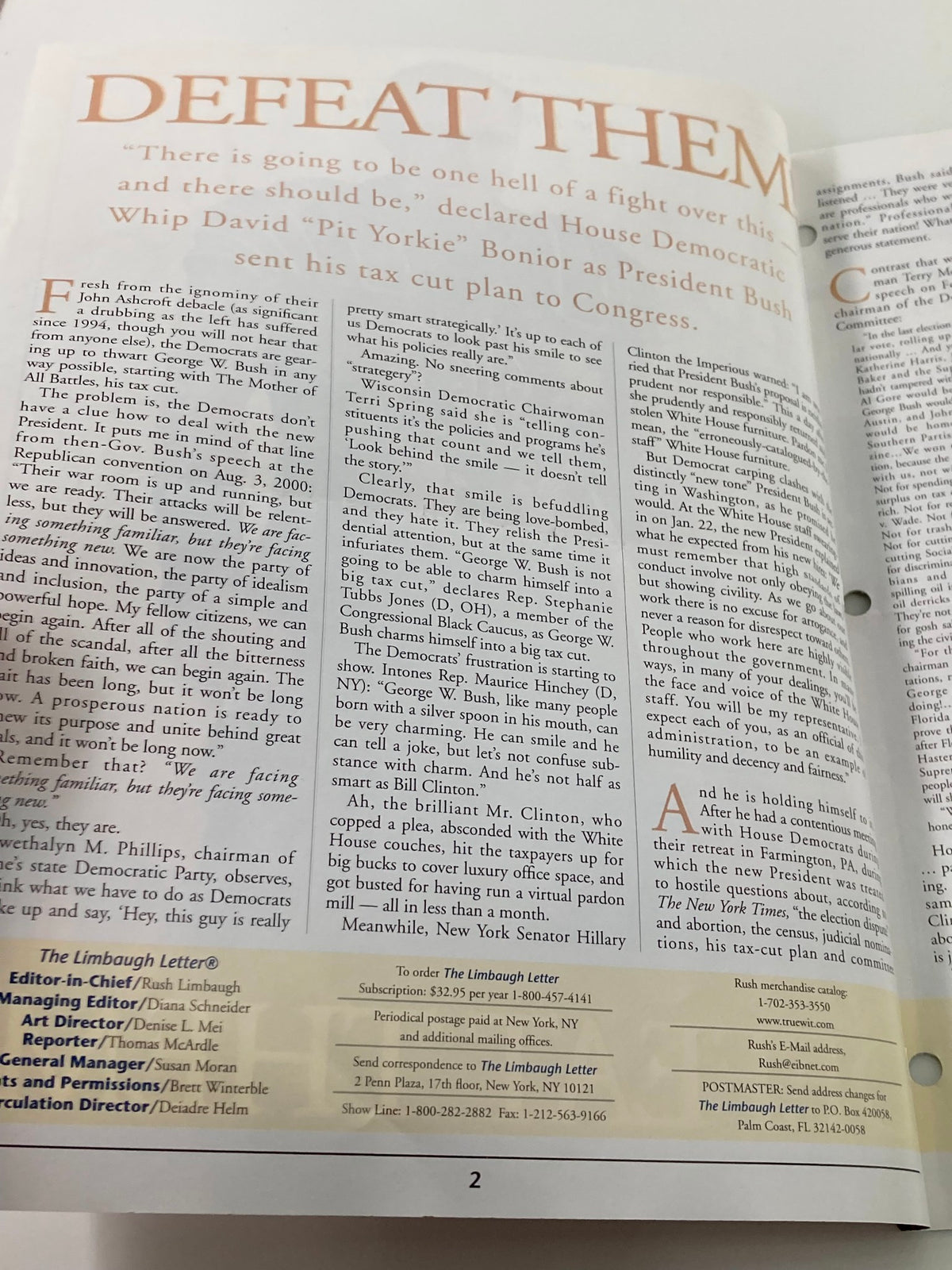 Interior page of the Rush Limbaugh Letter Newsletter Magazine February 2001, showcasing an article titled 'Defeat Them' discussing political commentary from David 'Pit Yorkie' Bonior and the tax cut plan sent to Congress.