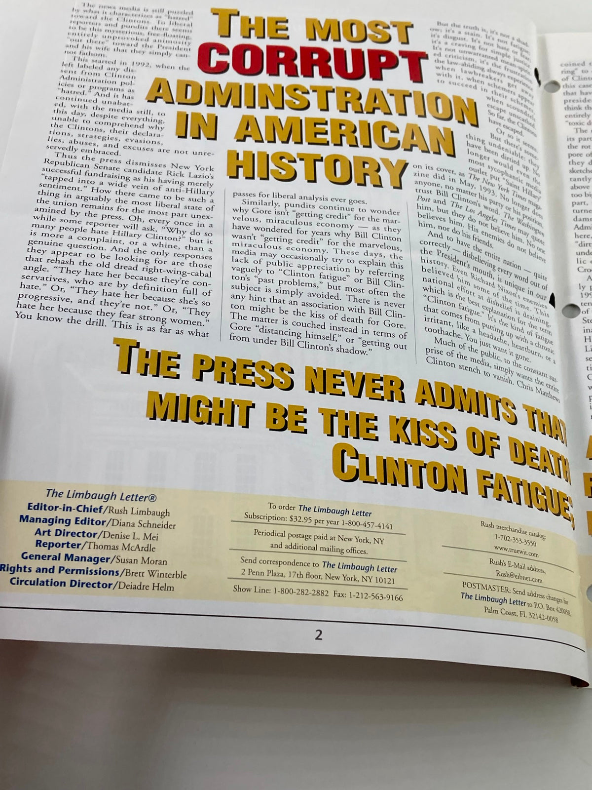 Inside page of the October 2000 Rush Limbaugh Letter Newsletter Magazine displaying the bold title 'Corrupt Administration in American History' along with editorial credits and publication information.