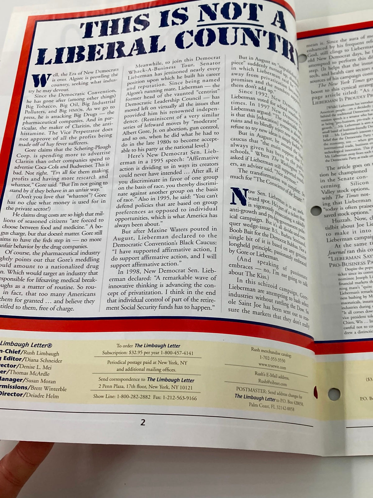 Inside page of the Rush Limbaugh Letter Newsletter Magazine September 2000 showcasing an article titled 'This Is Not a Liberal Country' with neatly formatted text and publication details at the bottom.