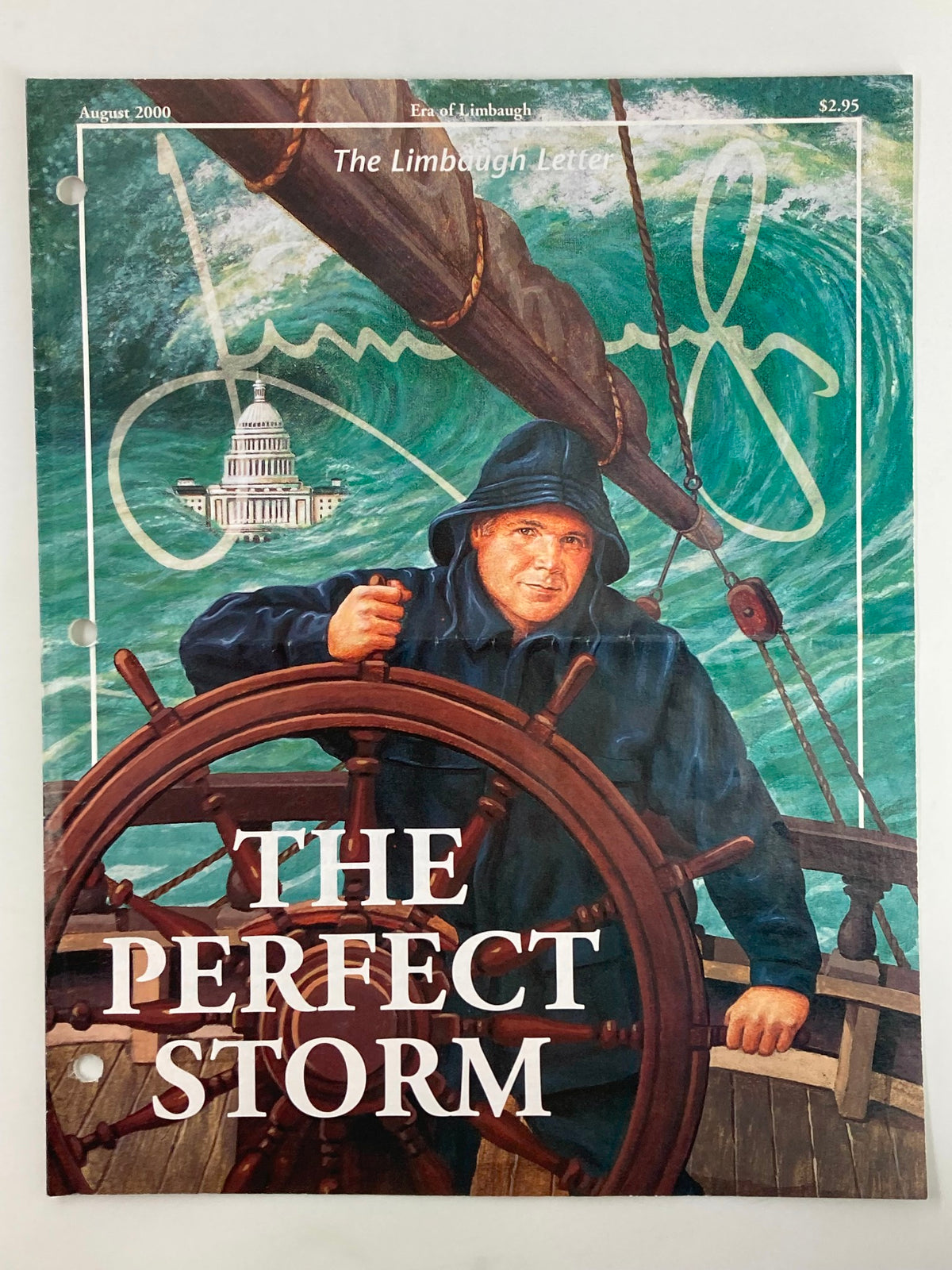 Cover of the Rush Limbaugh Letter Newsletter Magazine from August 2000 titled 'The Perfect Storm', featuring a depiction of a man at the helm of a ship amidst stormy seas.