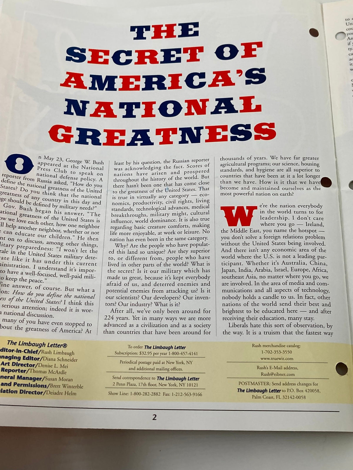 Interior page of the Rush Limbaugh Letters Newsletter Magazine July 2000, showcasing an article titled 'The Secret of America's National Greatness' with text and hole-punched edges.
