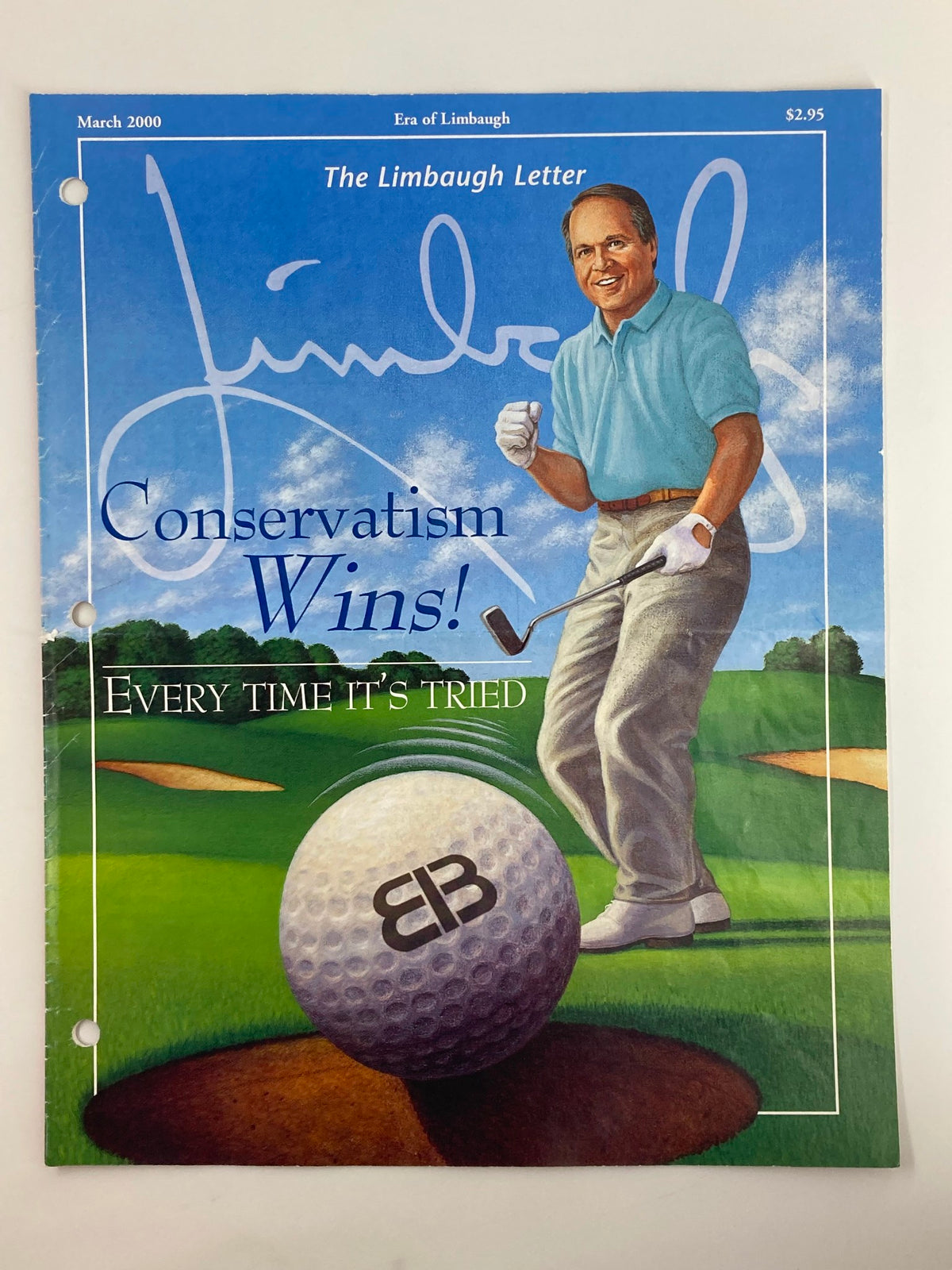 Cover of the Rush Limbaugh Letter Newsletter Magazine from March 2000, featuring the title 'Conservatism Wins!' alongside a golfer on a golf course, symbolizing the themes of conservative triumph and commentary.