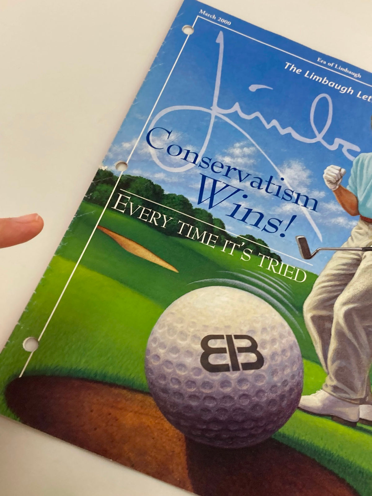 Cover of the Rush Limbaugh Letter Newsletter Magazine from March 2000, titled 'Conservatism Wins!' featuring a golfer and the phrase 'Every Time It's Tried' with scenic golf course background.