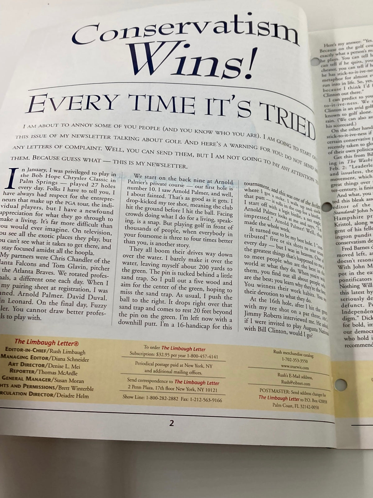 Interior page of the Rush Limbaugh Letter Newsletter Magazine from March 2000, prominently displaying the title 'Conservatism Wins!' and introductory text in a classic font.