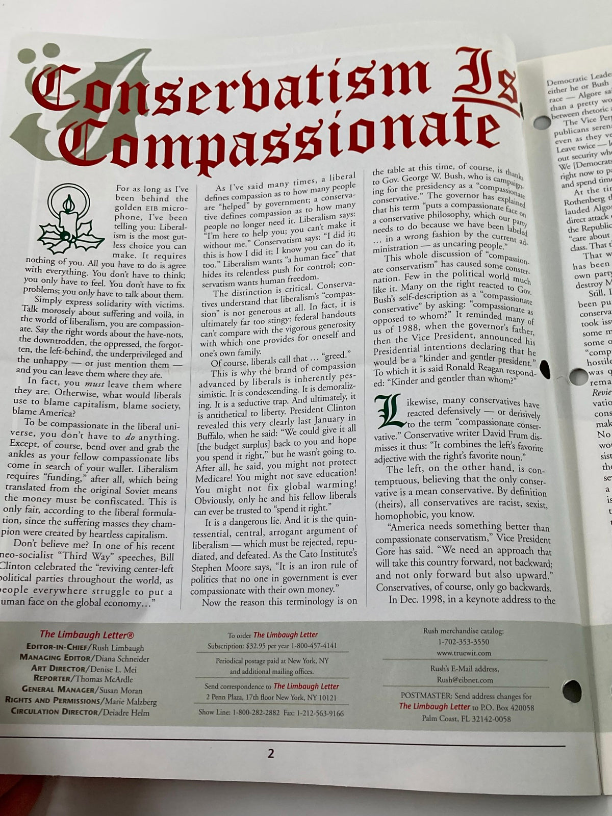 Inside page of the Rush Limbaugh Letter Newsletter December 1999, presenting an article titled 'Conservatism Is Compassionate' with text discussing the concepts of compassion and conservatism.