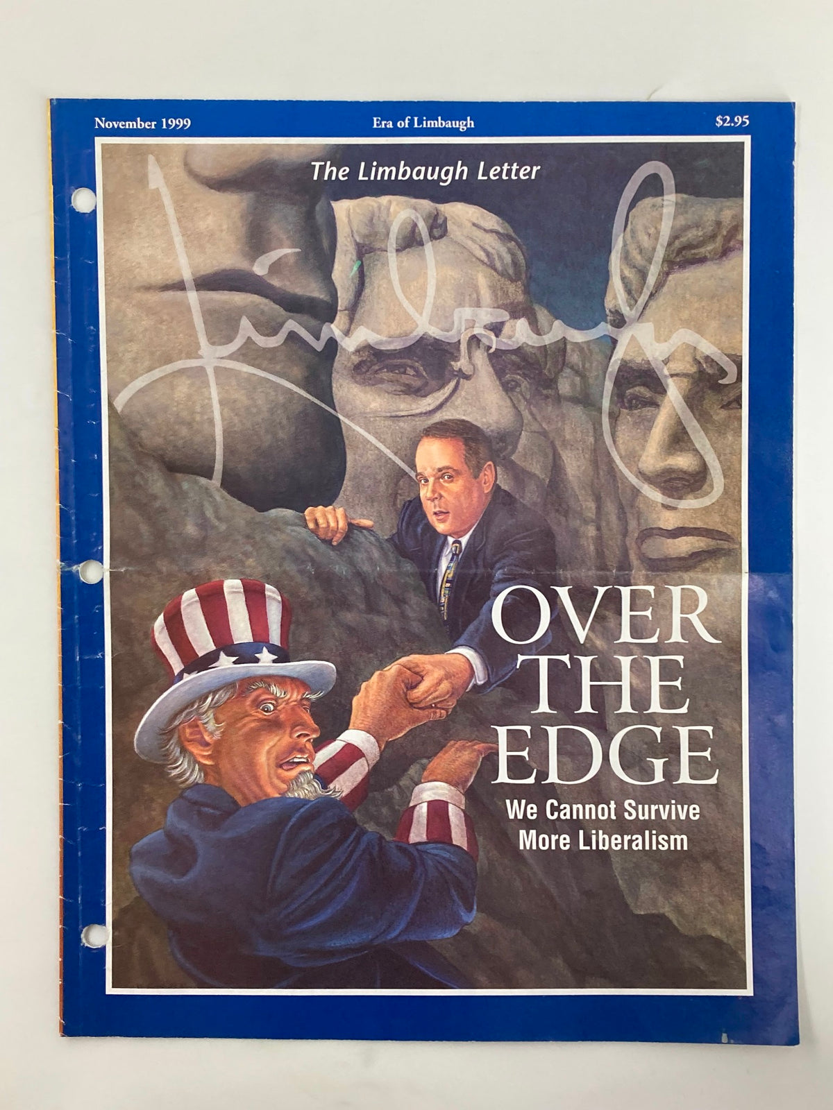 Rush Limbaugh Letter Newsletter November 1999 cover featuring artwork showing Uncle Sam and Rush Limbaugh, with the title 'Over the Edge: We Cannot Survive More Liberalism'.