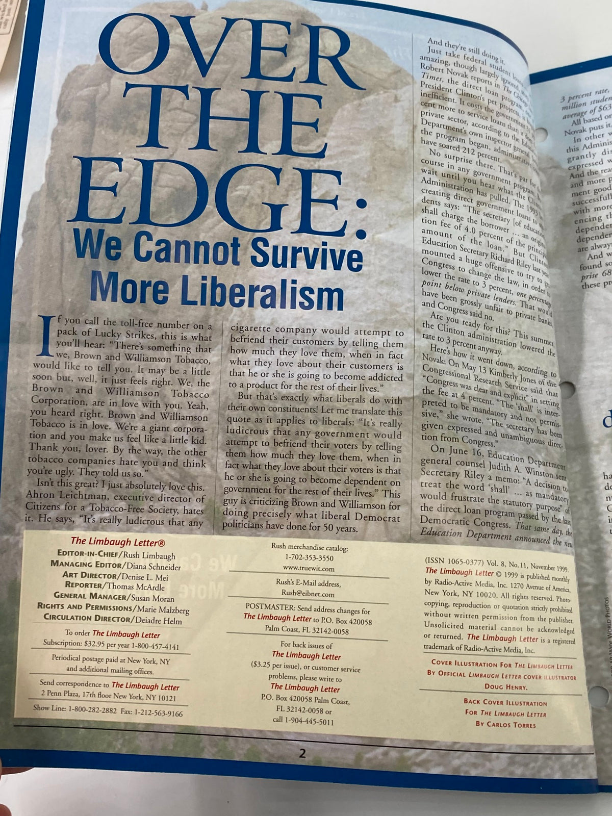 Interior page of the Rush Limbaugh Letter Newsletter November 1999, titled 'Over the Edge: We Cannot Survive More Liberalism', showcasing text discussing political issues of the late 1990s.