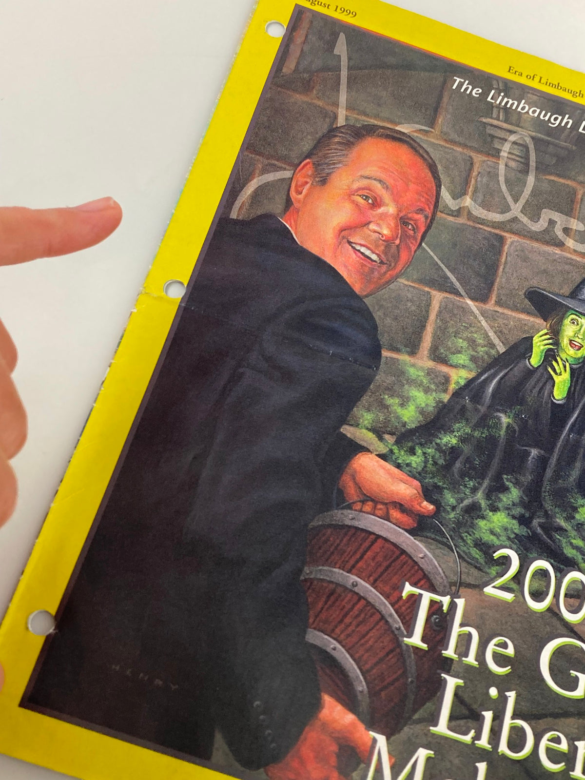 Close-up of the Rush Limbaugh Letter Newsletter Magazine August 1999 cover titled 'The Great Meltdown', highlighting Rush Limbaugh's smiling face with a finger pointing towards him, showcasing the vibrant art and design.