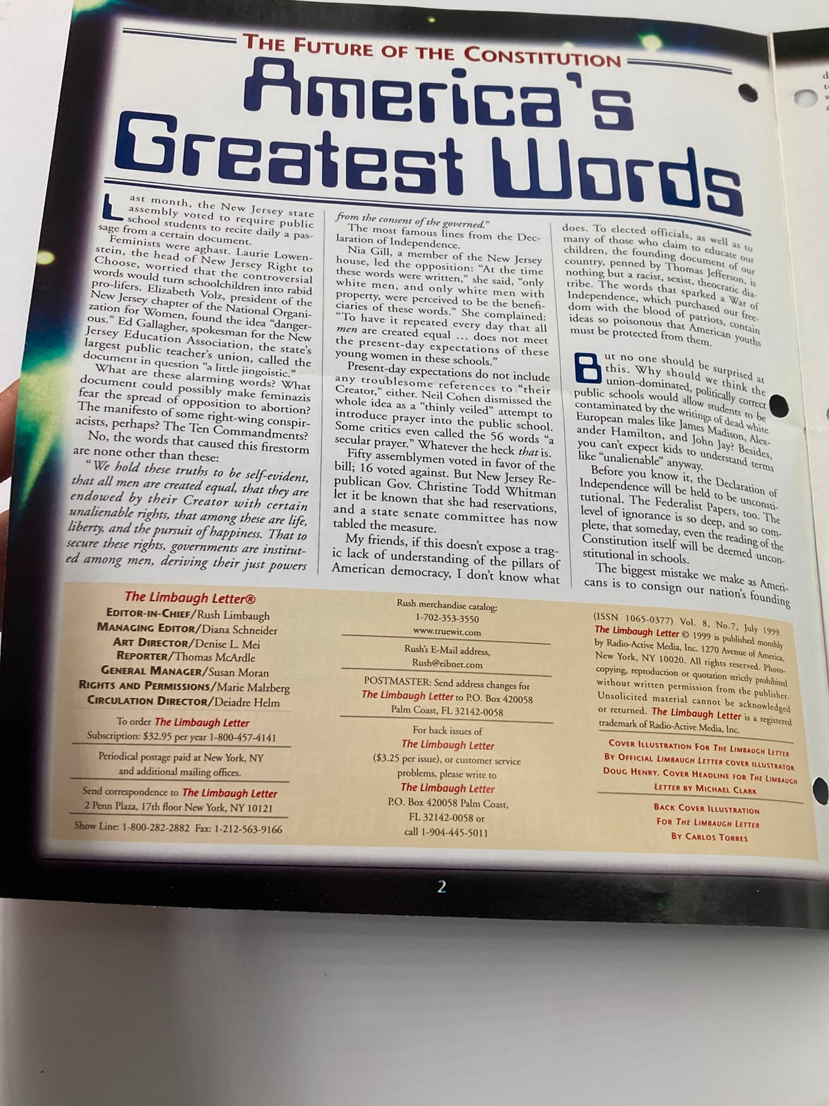 Interior page of the Rush Limbaugh Letter Newsletter Magazine from July 1999, featuring an article titled 'America's Greatest Words'. Includes text discussing constitutional issues and political commentary.