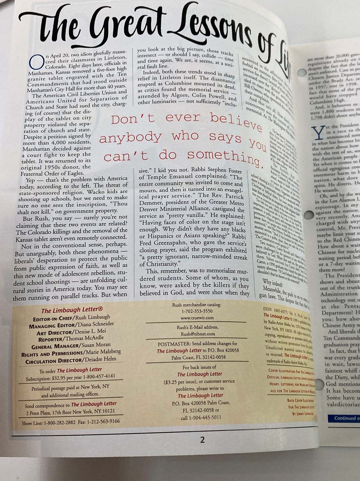 Inside page of the Rush Limbaugh Letter Newsletter Magazine June 1999, displaying an article excerpt from 'The Great Lessons of Life' and subscription details.