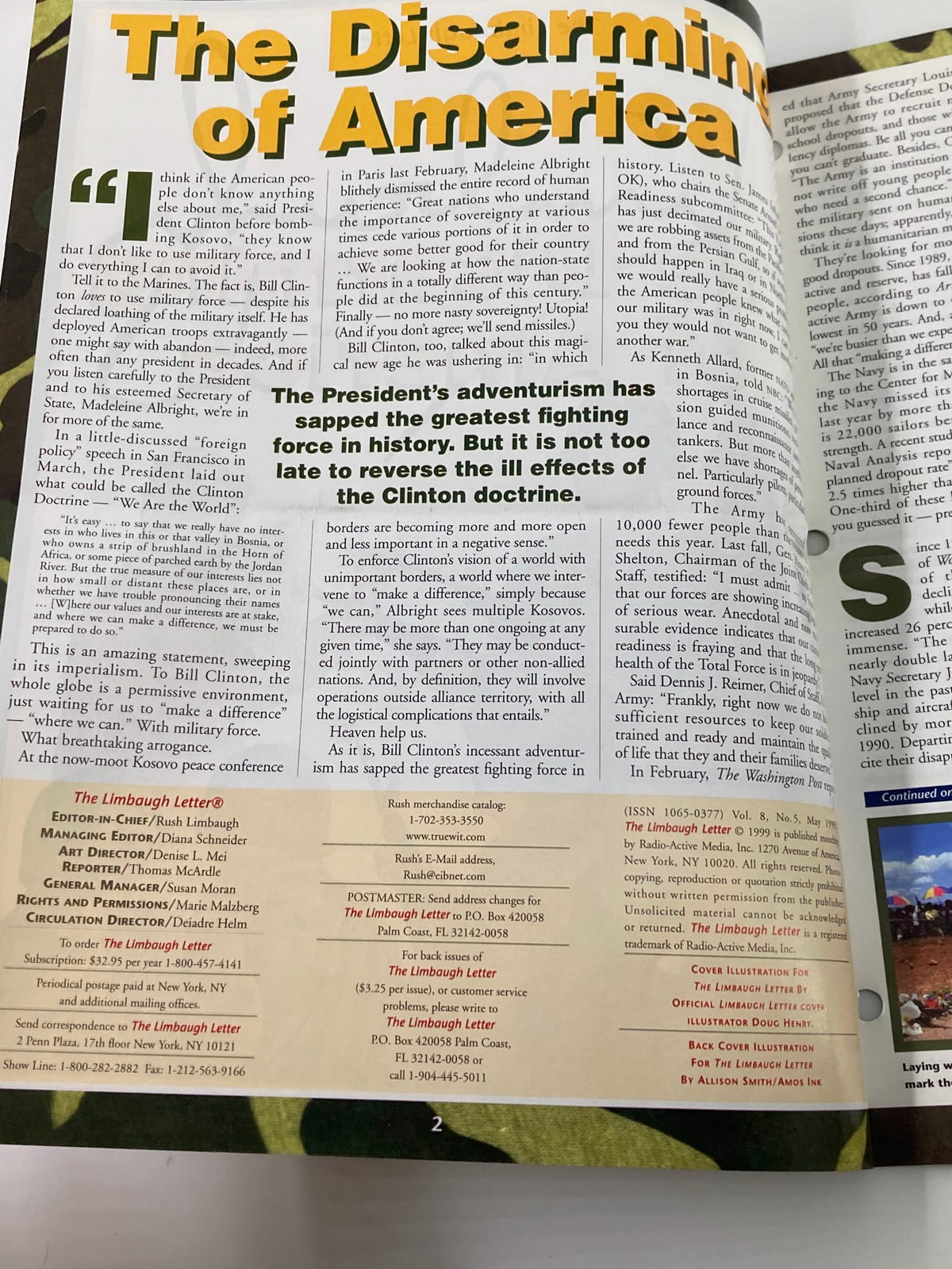 Inside page of the Rush Limbaugh Letter Magazine from May 1999, featuring an article addressing political themes, titled 'The Disarming America' and showcasing layout details of the publication.