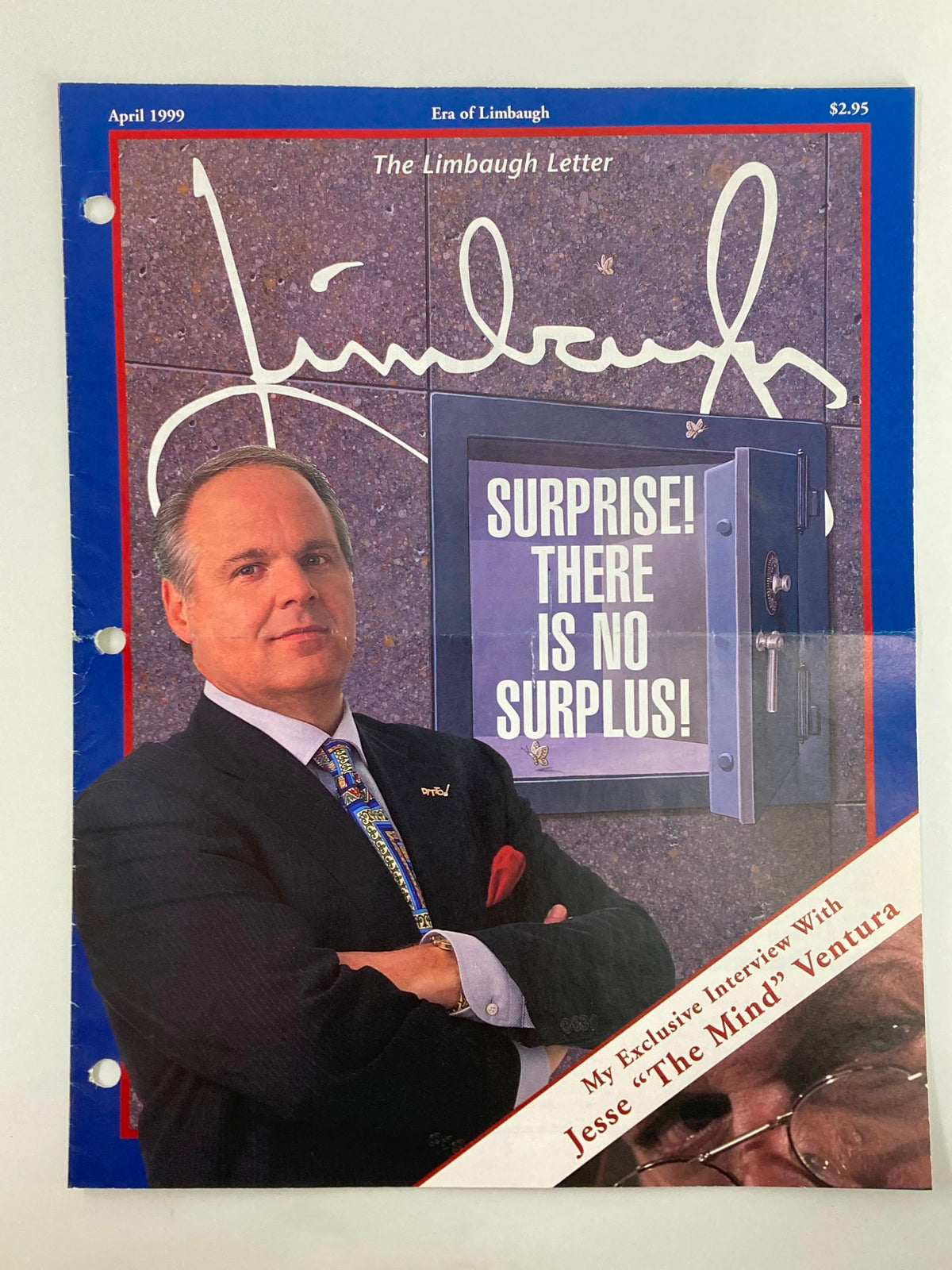 Rush Limbaugh Letter Newsletter Magazine from April 1999 featuring Jesse 'The Mind' Ventura on the cover with the title 'SURPRISE! THERE IS NO SURPLUS!'. The magazine highlights Limbaugh's political commentary and Ventura's influence.