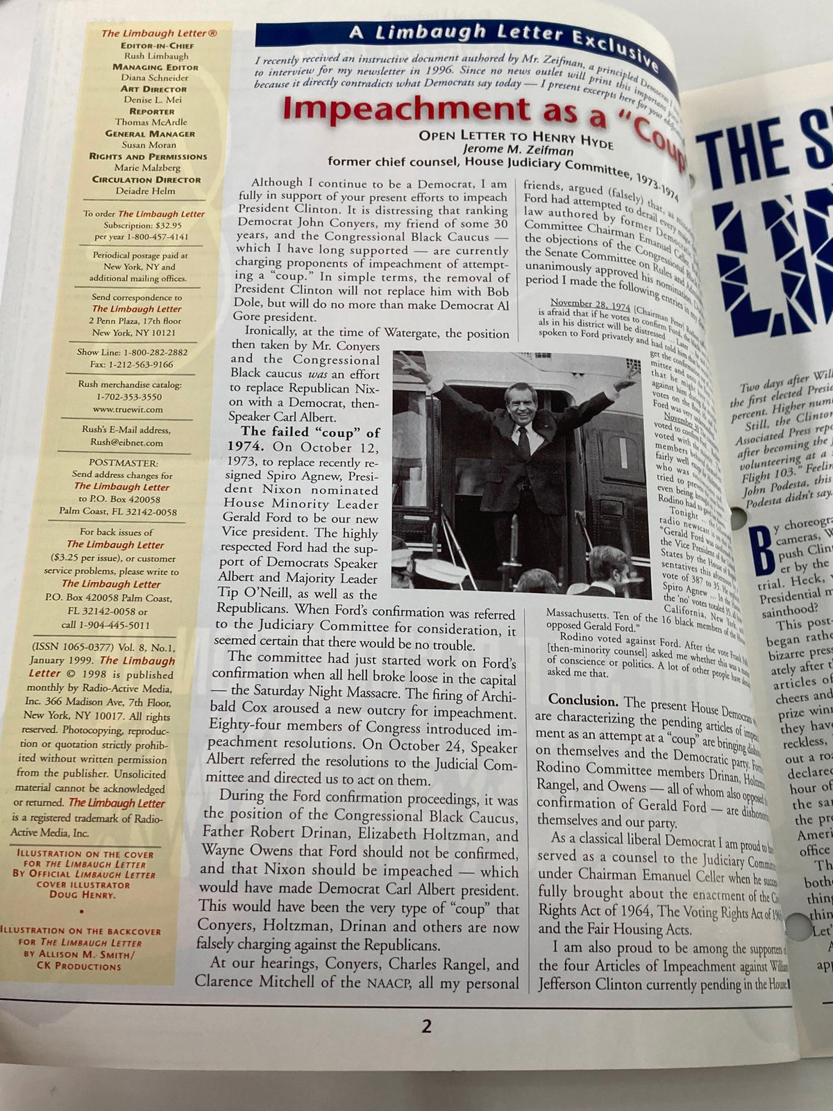 Rush Limbaugh Letter Newsletter January 1999 issue, featuring an article titled 'Impeachment as a Coup,' discussing the political landscape of the late 1990s. The page includes commentary on impeachment proceedings and notable political figures such as President Ford and Speaker Albert. This collectible vintage magazine offers insights into the era's political discourse.