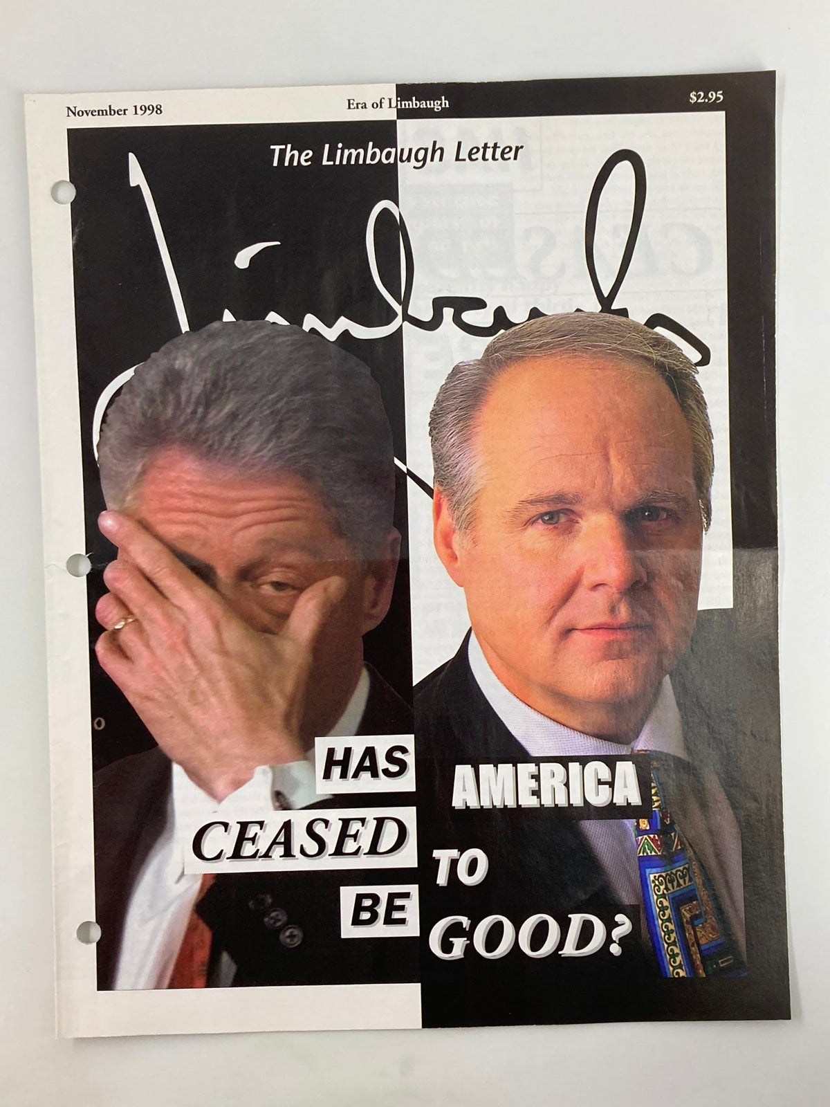 Rush Limbaugh Letter Newsletter Magazine from November 1998 featuring Bill Clinton with a bold graphic title questioning America's moral state.