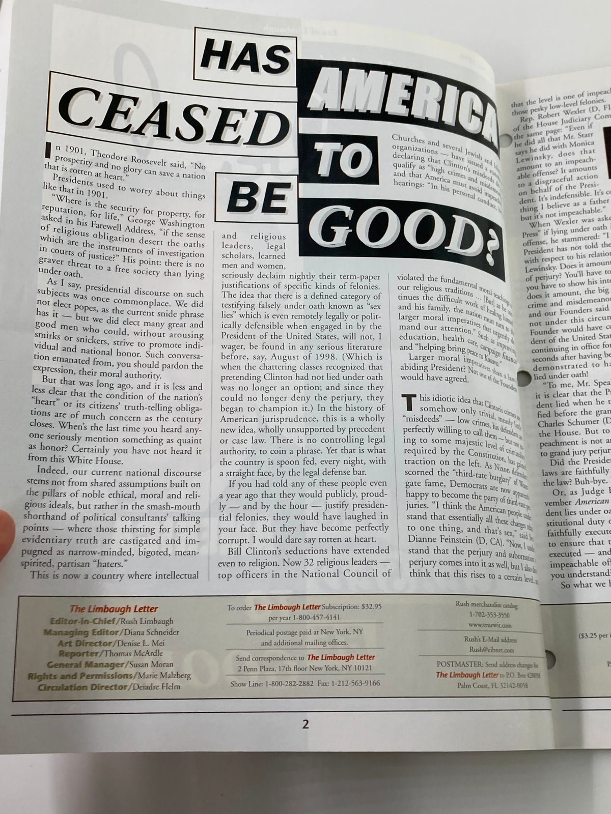 Inside view of Rush Limbaugh Letter Newsletter Magazine from November 1998 displaying articles and commentary on political issues during Bill Clinton's presidency.