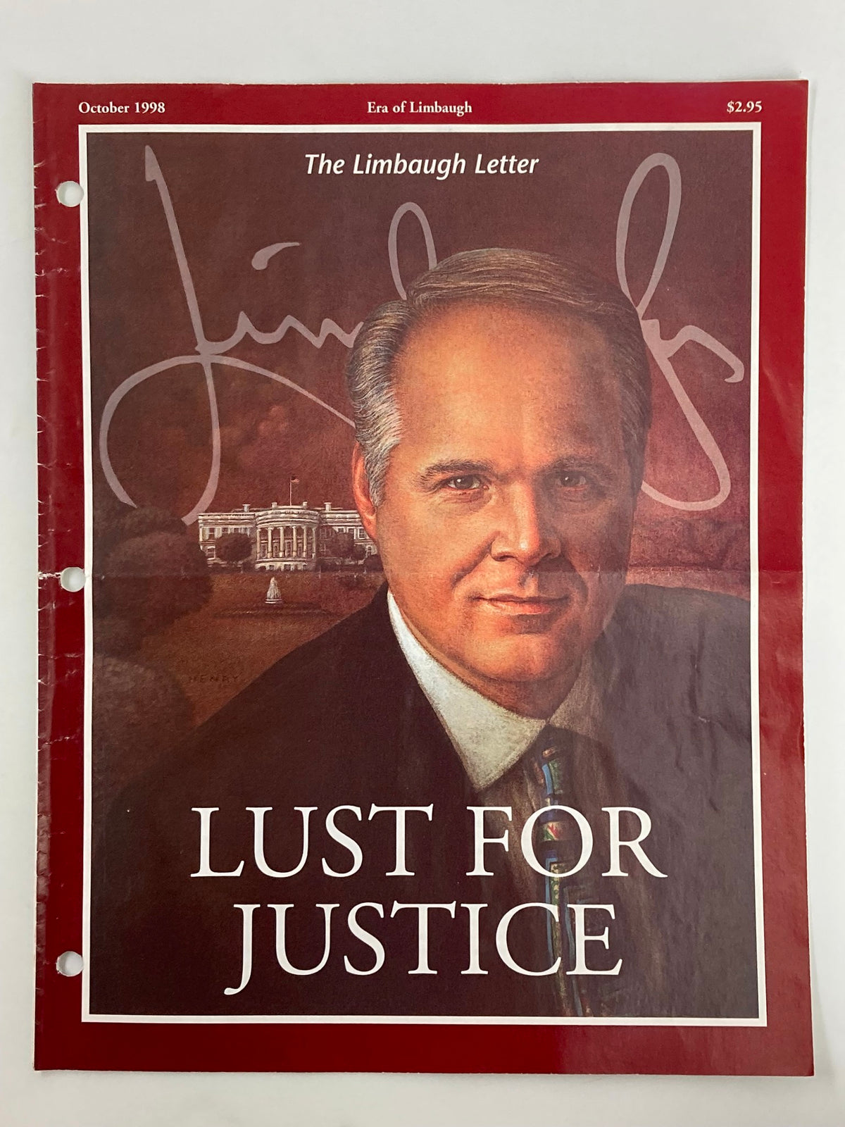 Cover of the Rush Limbaugh Letter Newsletter Magazine from October 1998, titled 'Lust for Justice,' featuring a portrait of Rush Limbaugh, with the iconic title prominently displayed.