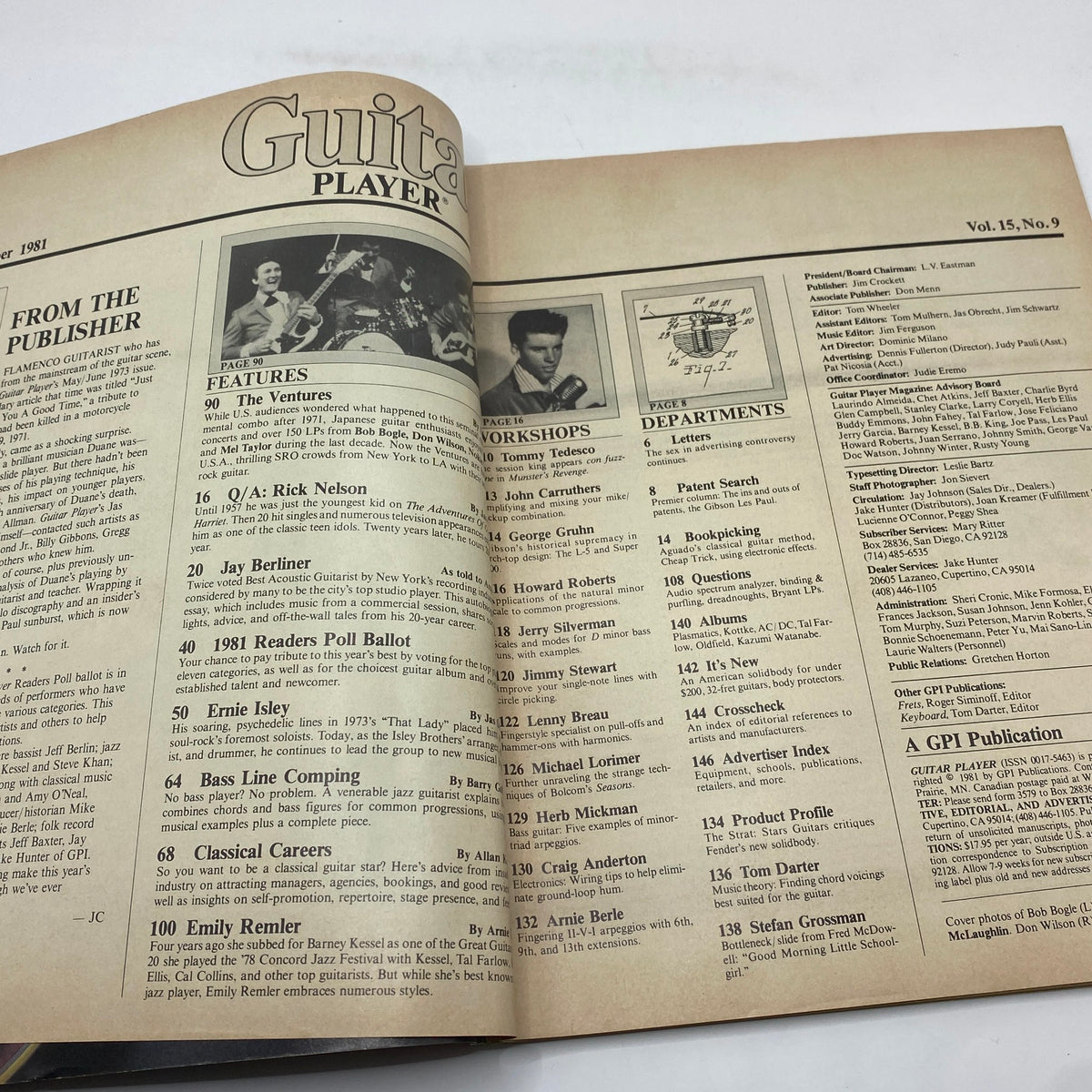 Inside page of Guitar Player Magazine, September 1981, displaying contents including features and workshops related to guitar playing, marking the influential music era of the 1980s.