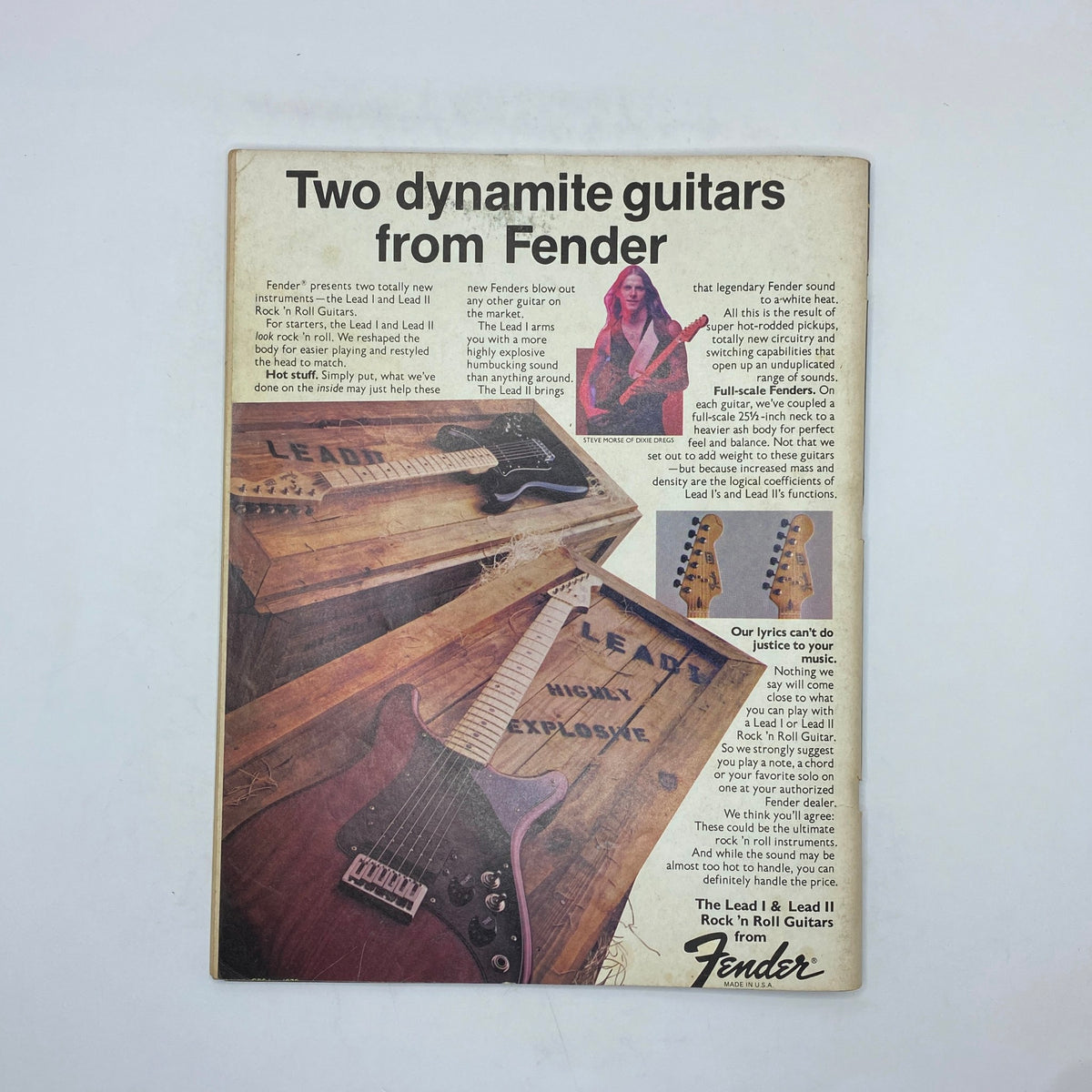 Back page of Guitar Player Magazine from September 1981 featuring an advertisement for Fender guitars, highlighting the Lead I and Lead II models, ideal for rock and roll aficionados.