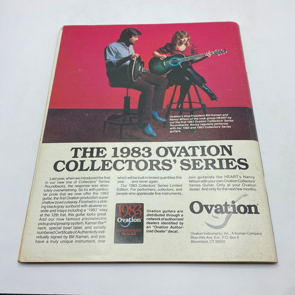 Advertisement page for the 1983 Ovation Collectors' Series in the VTG Guitar Magazine November 1983 Premiere Issue, featuring performers and details on the latest guitar models.