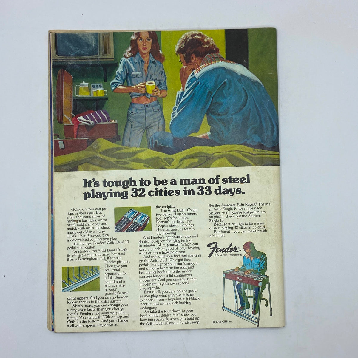 Back cover of Guitar Player Magazine, March 1977, showcasing an advertisement for Fender musical instruments with an illustration depicting a musician and a woman.