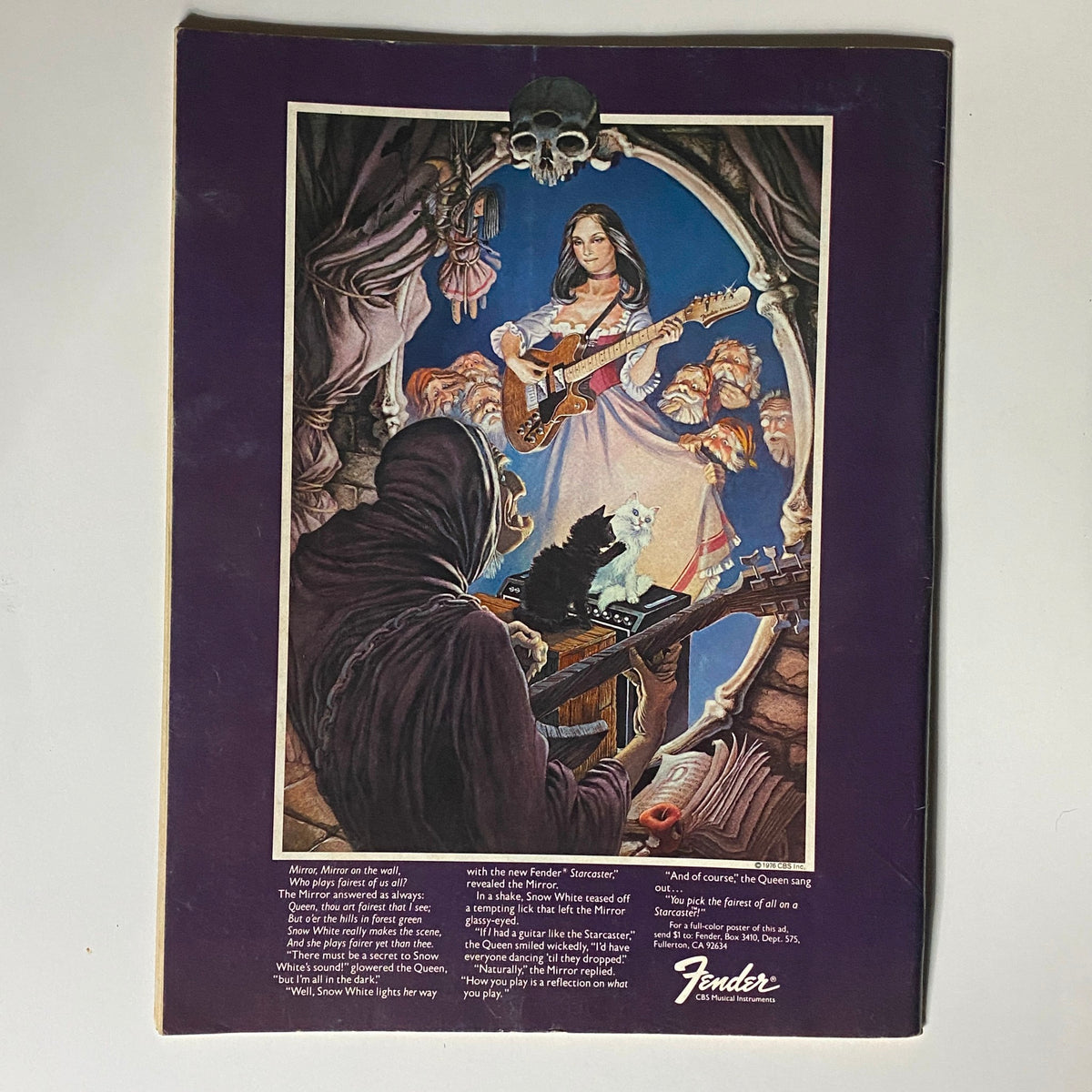 Back cover illustration of the April 1976 VTG Guitar Player Magazine featuring a whimsical scene with a hooded figure observing a guitarist, reflecting the artistic themes of the Joe Pass Jazz Virtuoso issue. Perfect for collectors and fans of vintage music magazines.