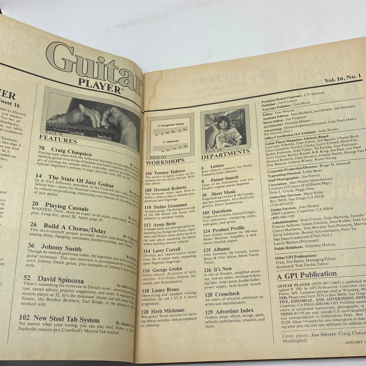 Inside pages of Guitar Player Magazine January 1982 displaying features and workshops, including Craig Chaquico's interview and additional guitar resources.