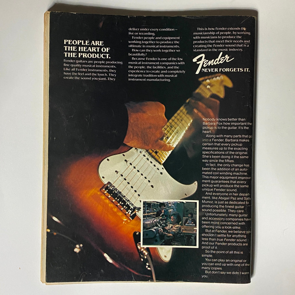 Back cover of the July 1981 Vintage Guitar Player Magazine featuring an advertisement for Fender guitars, emphasizing the importance of quality in musical instruments.