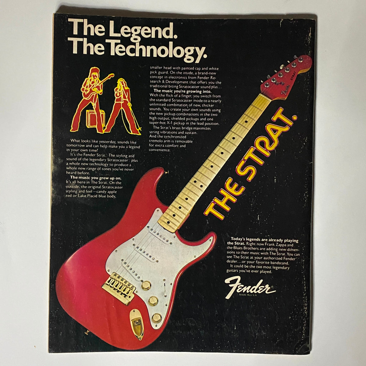 Vintage advertisement featuring a Fender Strat guitar from the January 1981 issue of Guitar Player Magazine, highlighting 'The Legend. The Technology.' with descriptions of the guitar's features.