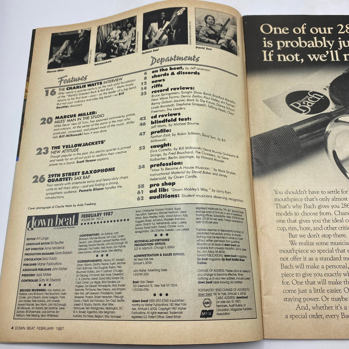 Interior page of VTG Down Beat Magazine February 1987 showcasing articles, including an interview with Charlie Watts, illustrated with images of musicians.