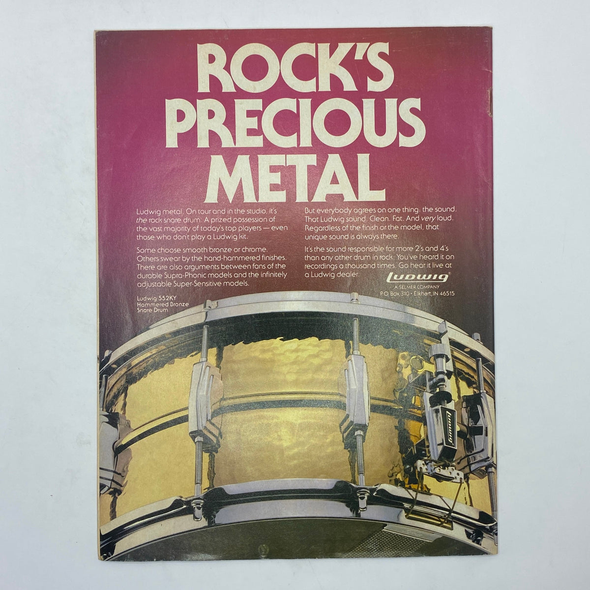 Back cover of VTG Down Beat Magazine February 1987 featuring an advertisement for Ludwig drums, highlighting Rock's Precious Metal.