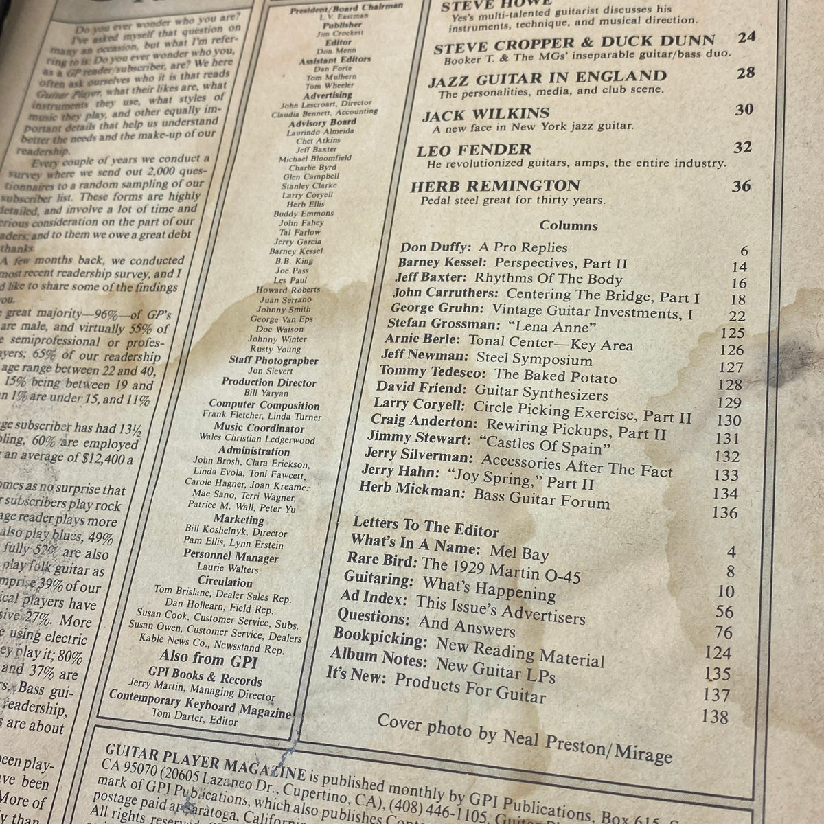Table of contents page from Guitar Player Magazine May 1978 showcasing featured articles, including contributions from Steve Cropper, Jack Wilkins, and Leo Fender.