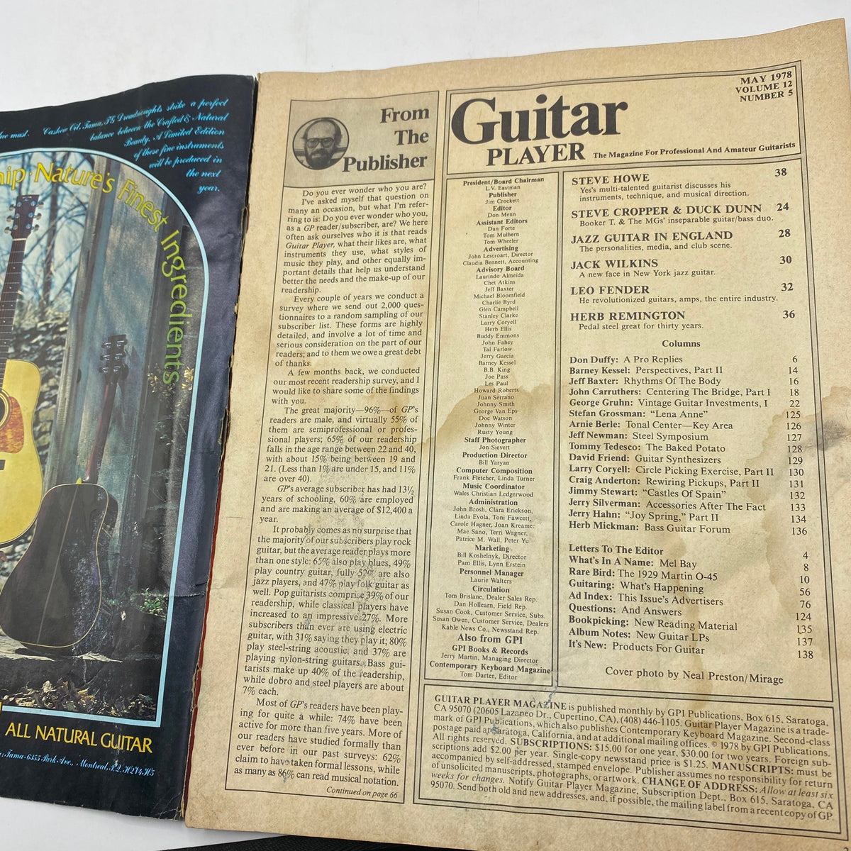 Contents page of VTG Guitar Player Magazine May 1978, showcasing features on Steve Howe, Leo Fender, and other musical content.