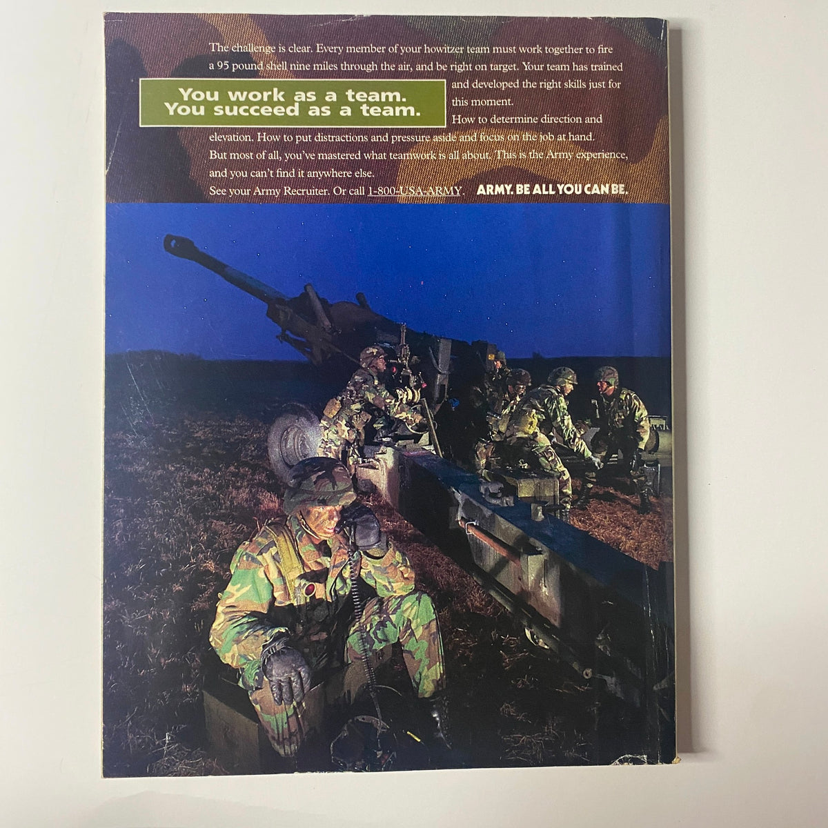 Back cover of Muscle & Fitness Magazine February 1994, highlighting teamwork and collaboration in the Army.
