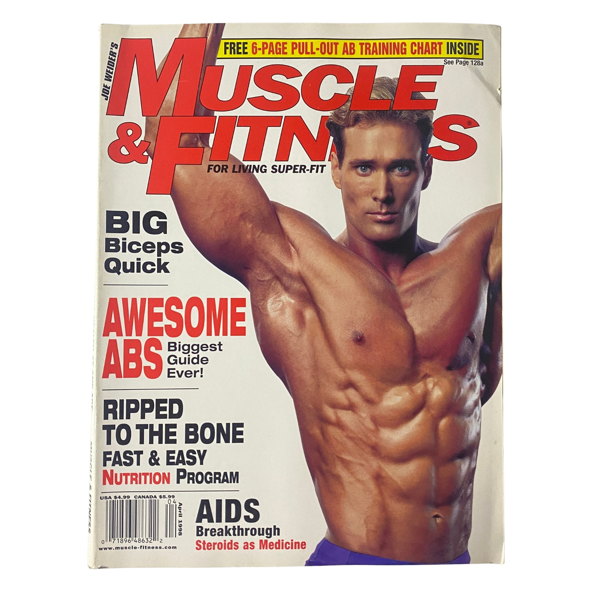Muscle & Fitness Magazine April 1998 Vol 59 No. 4 featuring Mike O'Hearn on the cover, showcasing fitness topics like biceps training and abdominal workouts.