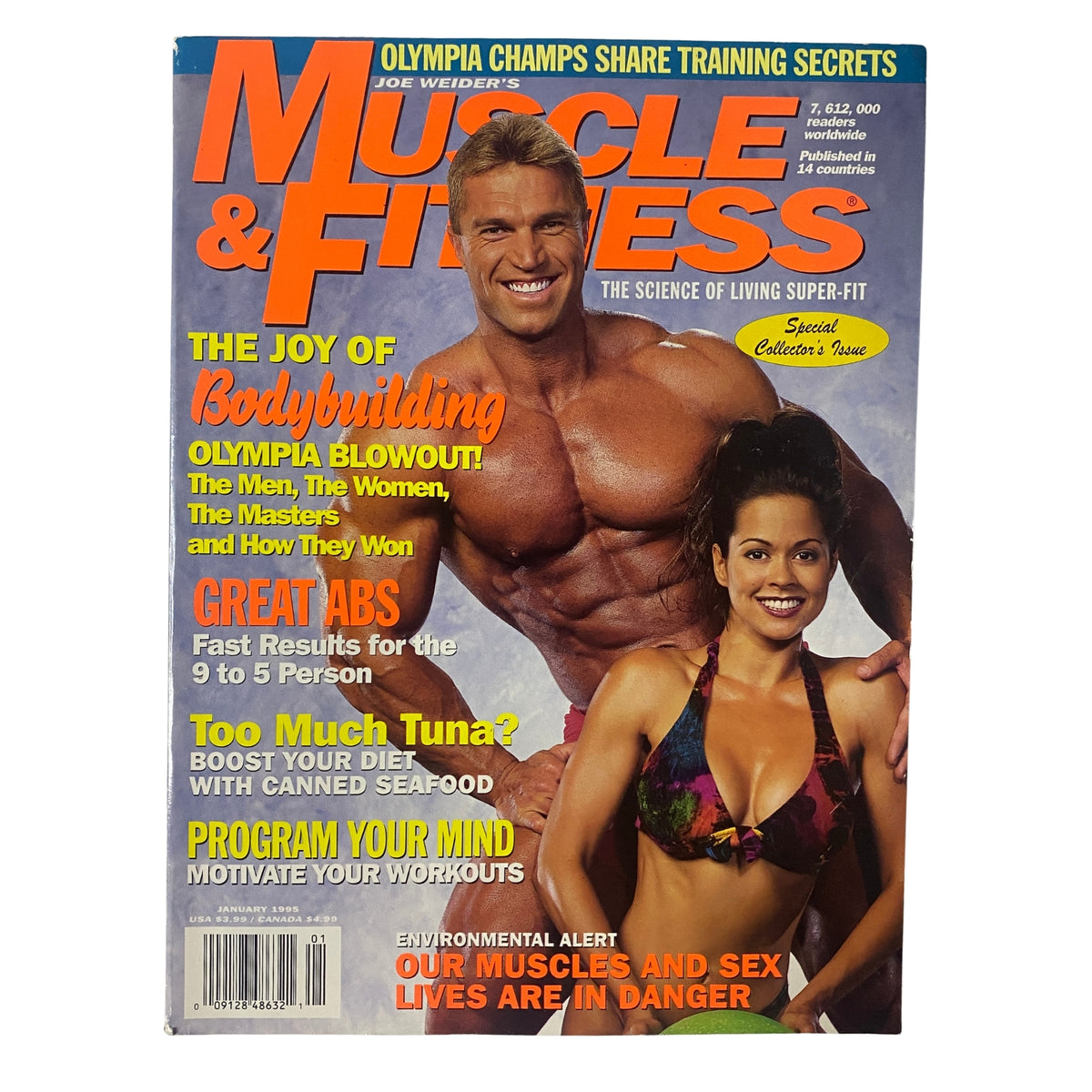 Cover of Muscle & Fitness Magazine January 1995 featuring Gary Strydom and Brooke Burke, highlighting bodybuilding articles and fitness insights.