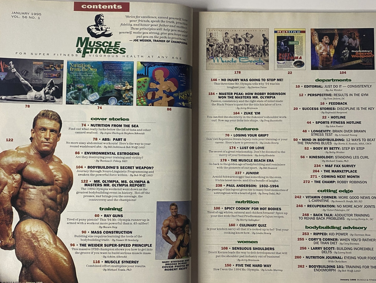 Muscle & Fitness Magazine January 1995 contents page featuring articles on training, nutrition, and bodybuilding contests, including features by Gary Strydom and Dorian Yates.