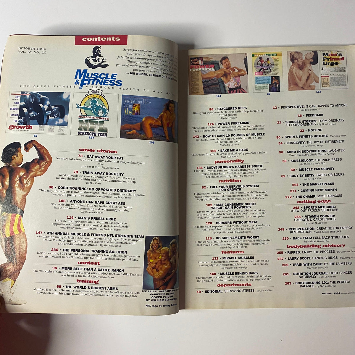 Inside contents page of Muscle & Fitness Magazine October 1994, detailing articles on training routines, nutrition, and fitness insights, including 'Eat Away Your Fat' and 'Coed Training: Do Opposites Distract?'. For fans of bodybuilding and 1990s fitness culture.