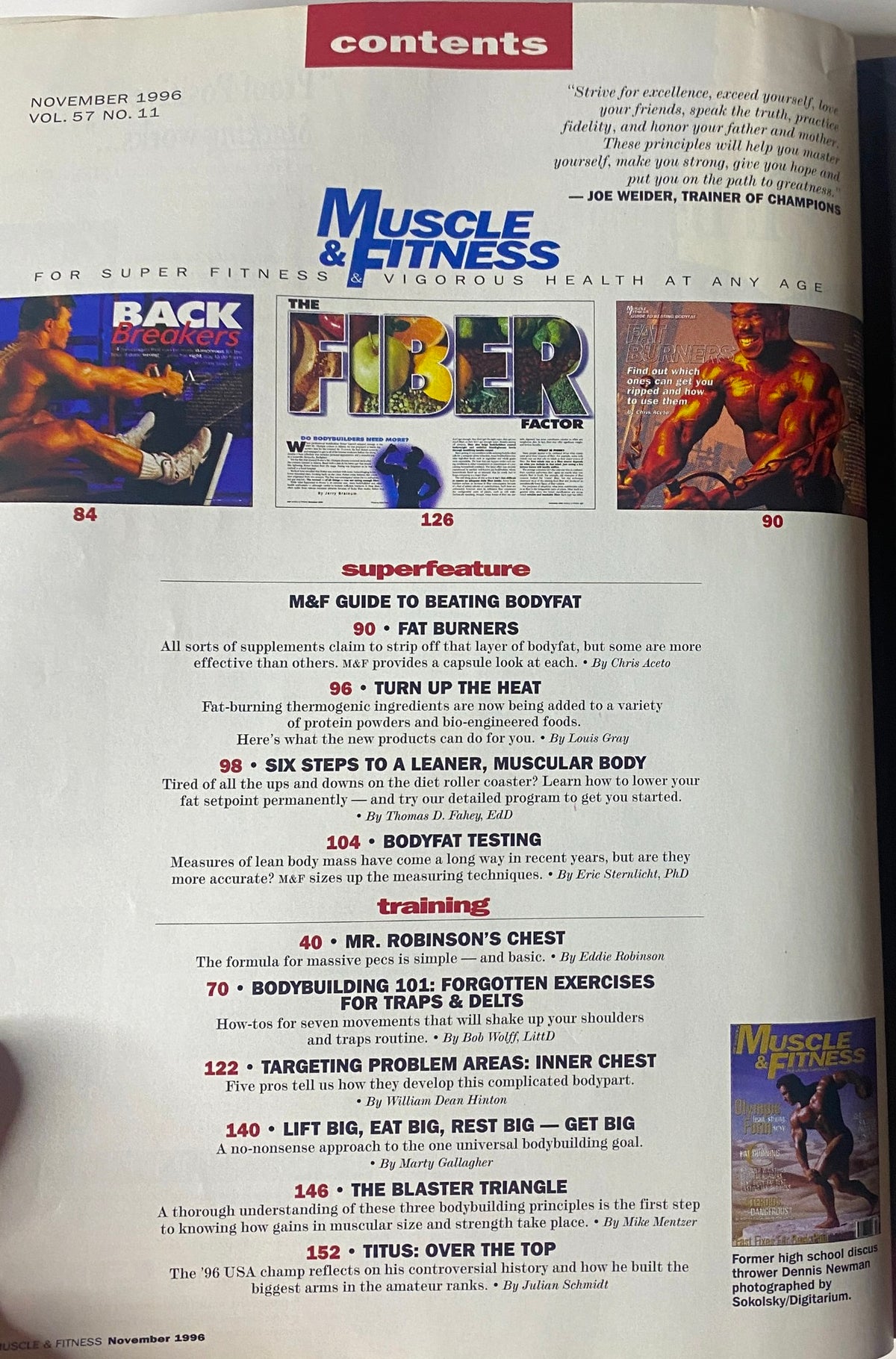 Contents page of Muscle & Fitness Magazine November 1996, Vol 57 No. 11 highlighting articles on fat burners, bodybuilding exercises, and training strategies.
