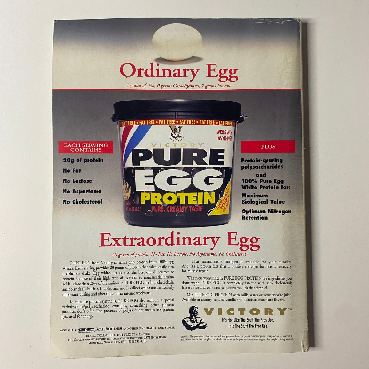 Muscle & Fitness Magazine November 1996, Vol 57 No 11 featuring a cover of protein product advertisement from Victory showing a container of Pure Egg Protein with details on serving contents.