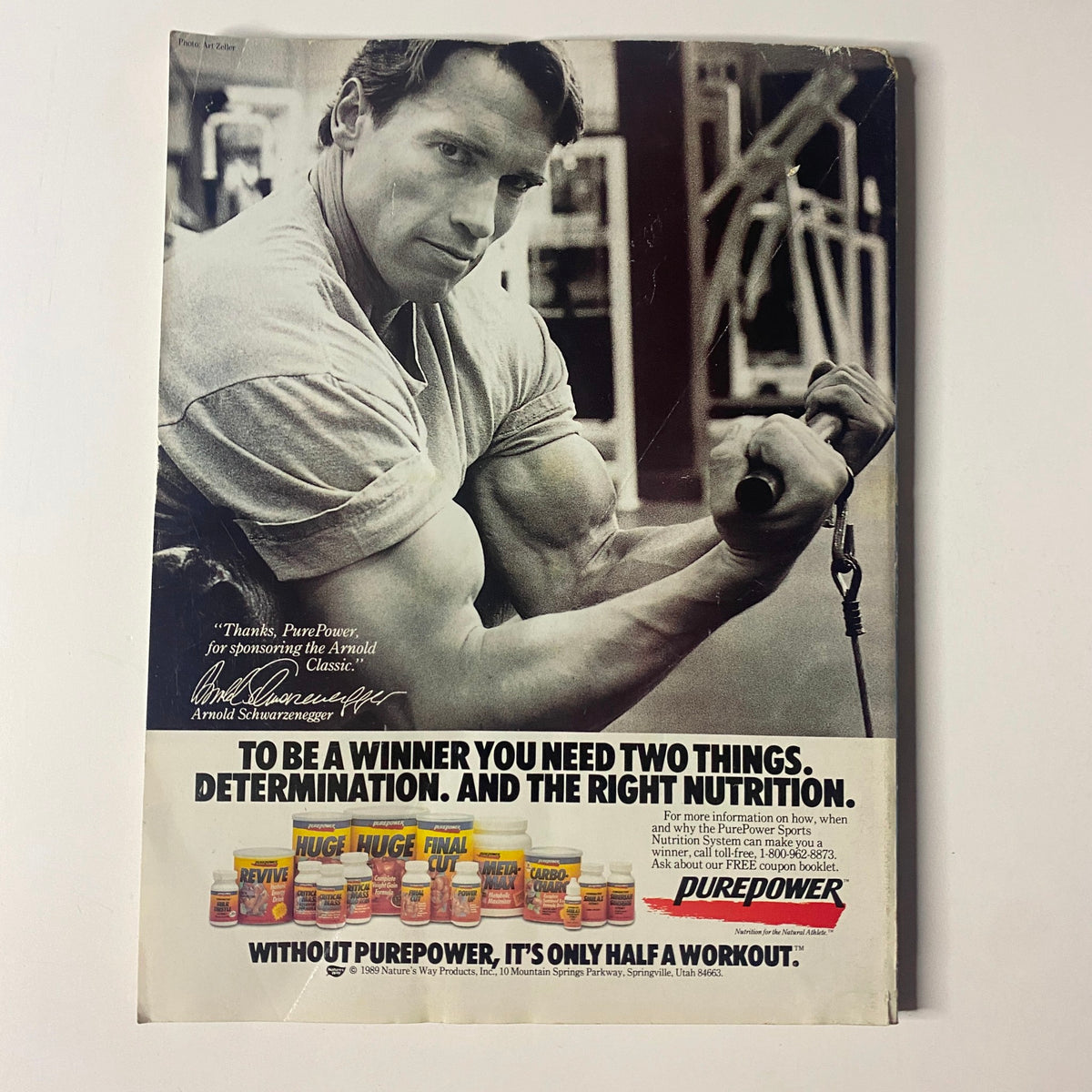 Ad from Muscle & Fitness Magazine December 1989 featuring Arnold Schwarzenegger promoting Purepower nutritional products.
