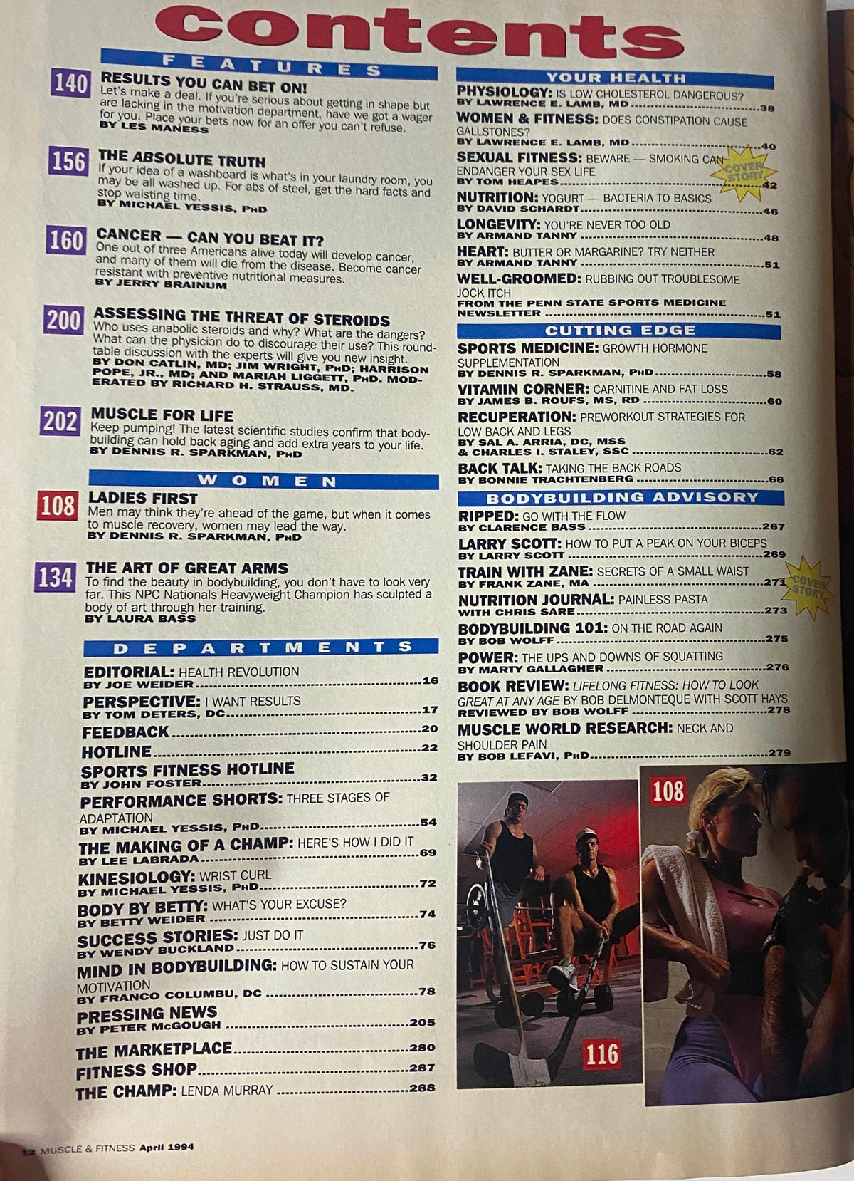 Continued contents page of Muscle & Fitness Magazine April 1994, listing articles like 'Results You Can Bet On!' and 'Ladies First,' covering health, training, and nutrition topics.