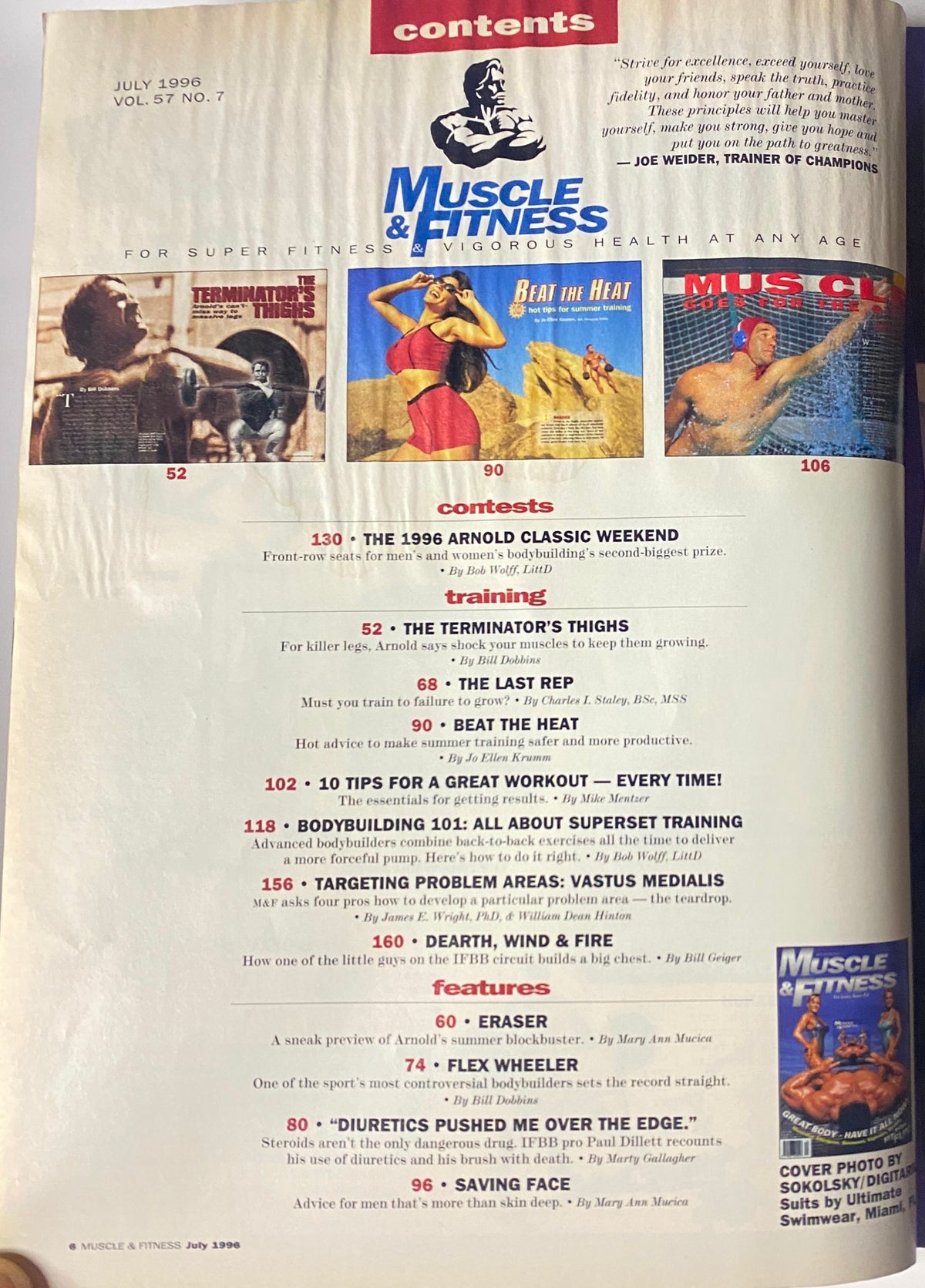 Contents page of Muscle & Fitness Magazine July 1996 outlining articles including 'The 1996 Arnold Classic Weekend' and various training tips and nutrition sections.