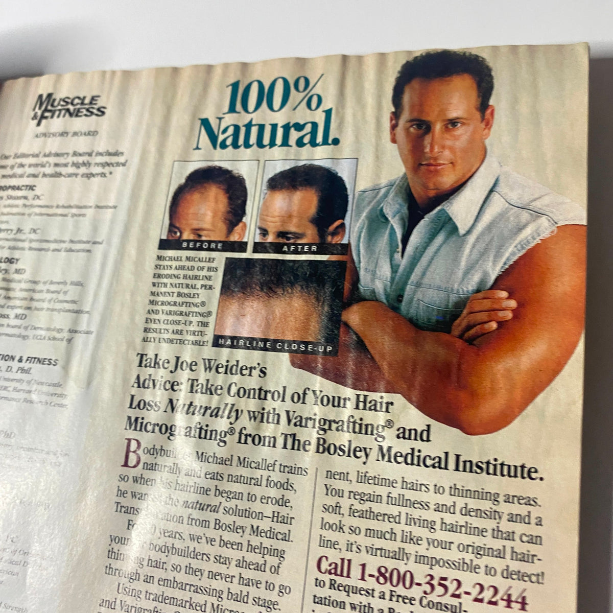 Advertisement in Muscle & Fitness Magazine July 1996 promoting a natural hair solution with a before and after image, featuring a male model demonstrating the product effectiveness.