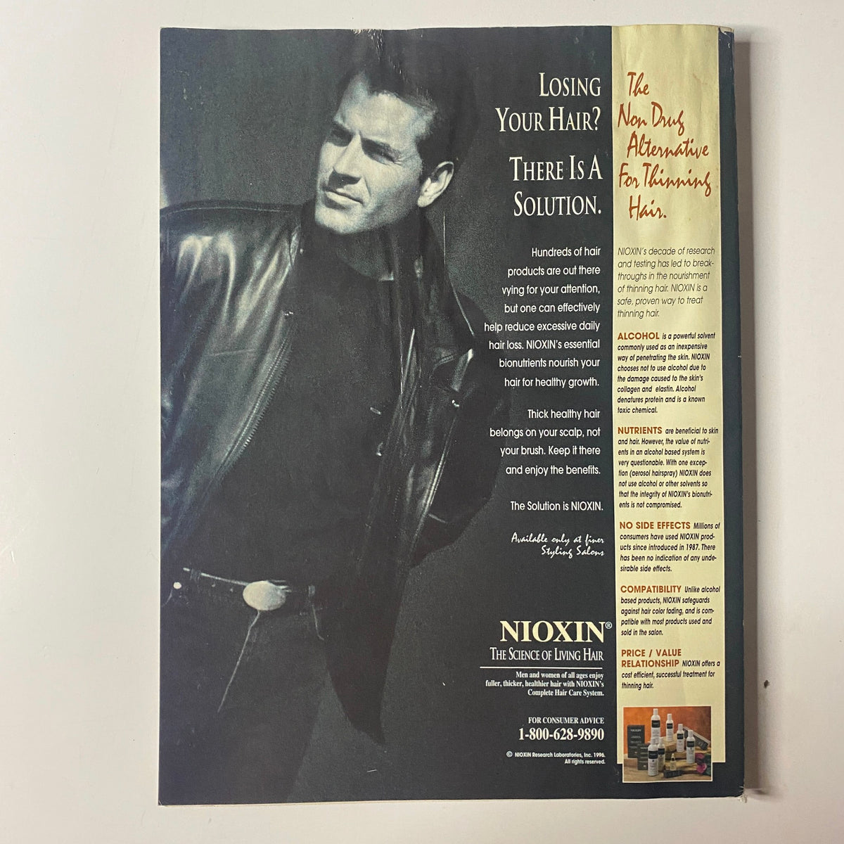 Back cover advertisement from Muscle & Fitness Magazine July 1996 promoting Nioxin as a solution for thinning hair, featuring an model in a leather jacket.