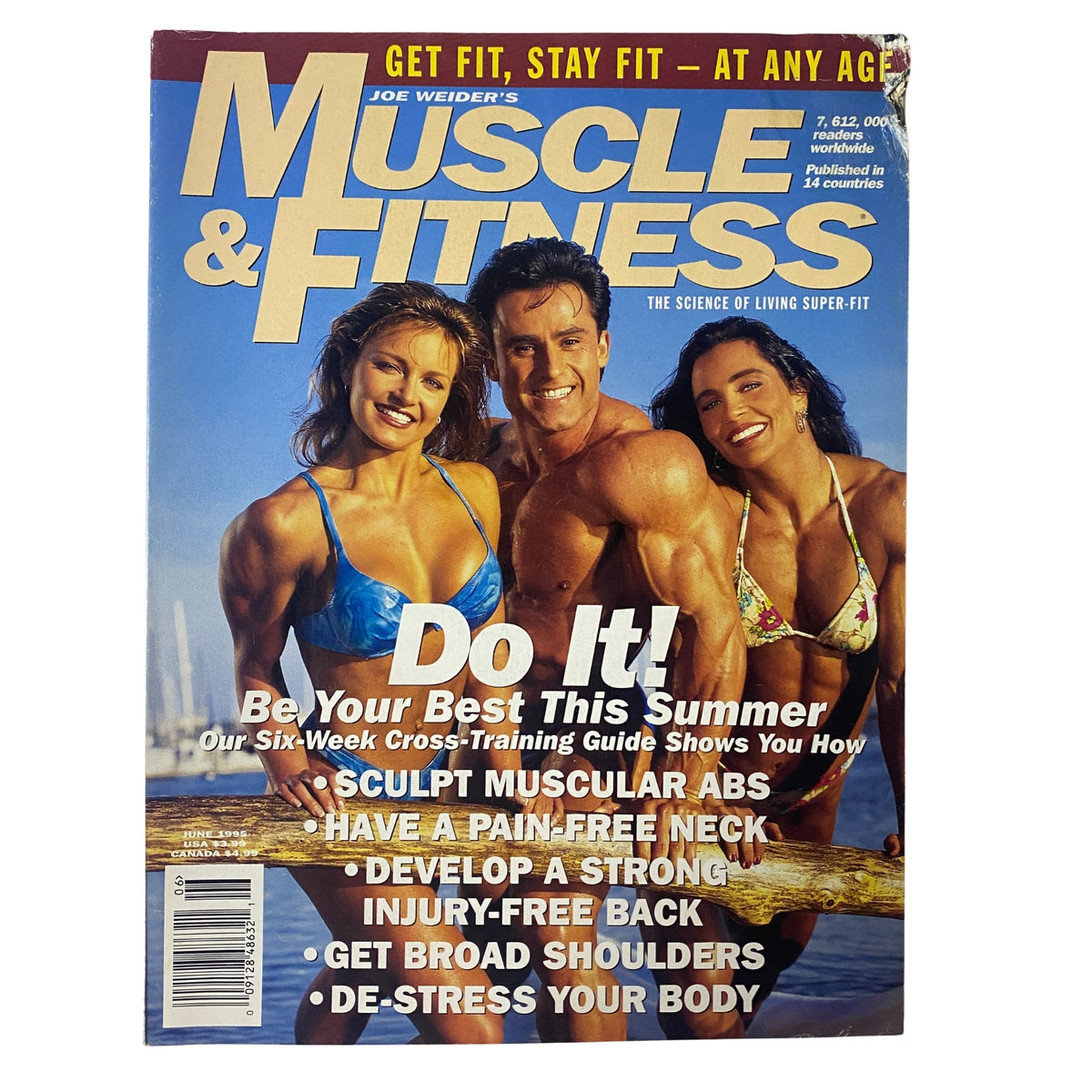 Cover of Muscle & Fitness Magazine June 1995 featuring Francis Benfatto, Laurie Donnelly, and Laura Bass, with bold text promoting summer fitness.