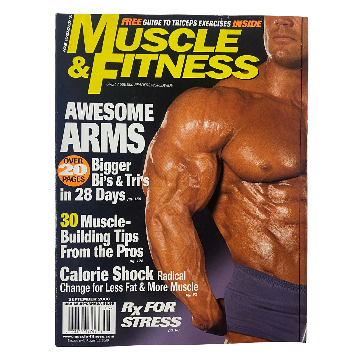 Cover of Muscle & Fitness Magazine September 2000 Vol 61 No. 9 featuring a muscular man highlighting topics like 'Awesome Arms,' bodybuilding exercises, and fitness tips.