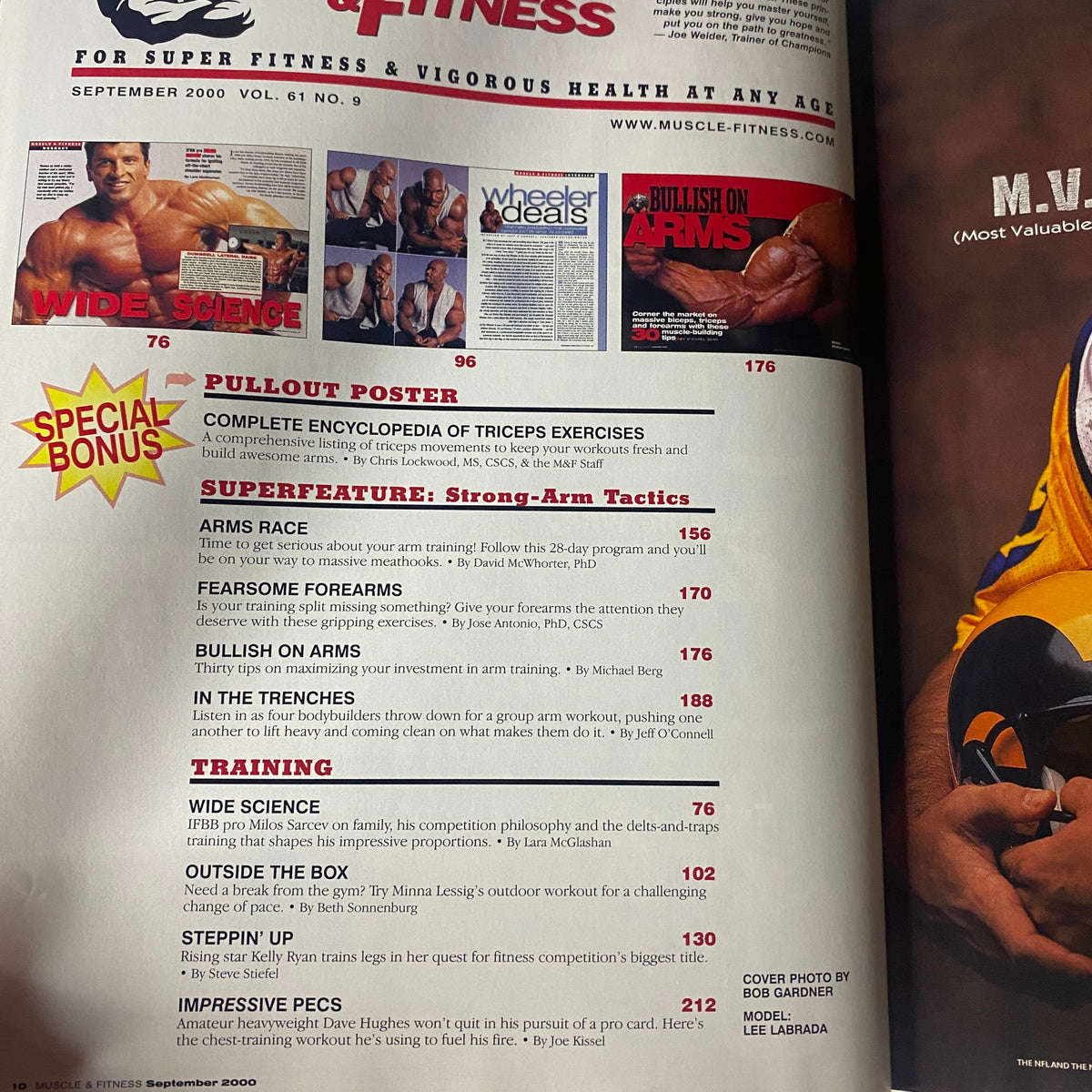 Interior page of Muscle & Fitness Magazine September 2000 Vol 61 No. 9 showcasing a pullout poster and features including 'Superfeature: Strong-Arm Tactics' and training advice.